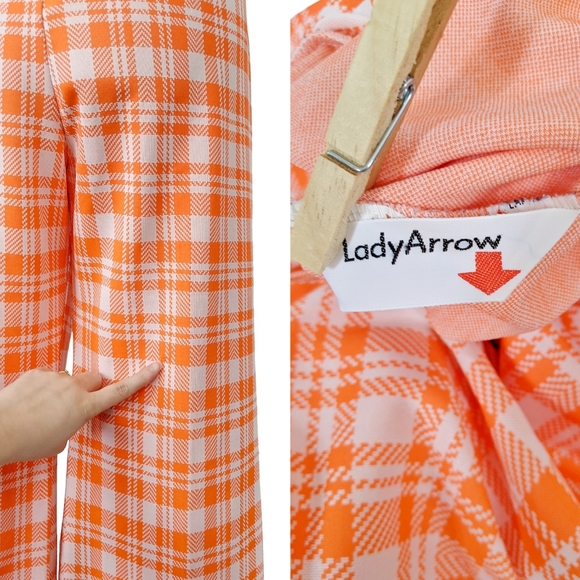 1970s High Waisted Vintage BellBottoms Flares Pants Orange Plaid Medium Trousers - Picture 5 of 6